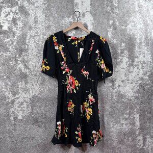 New Free People Dress 6 Womens Black Combo Long Sleeve Fit & Flare Floral Satin